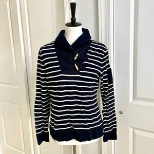 Lauren Ralph Lauren Blue White Shaw Collar Gold Toggle Pullover Sweater Large